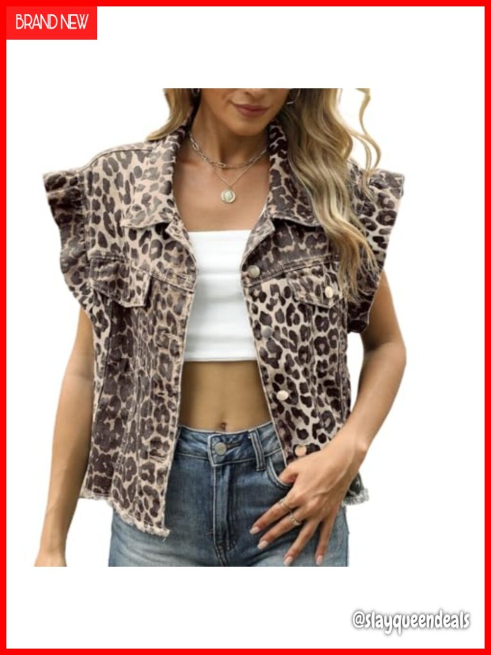 Women's Denim Vest Crop Top Ruffle Sleeve Button Down Summer Casual